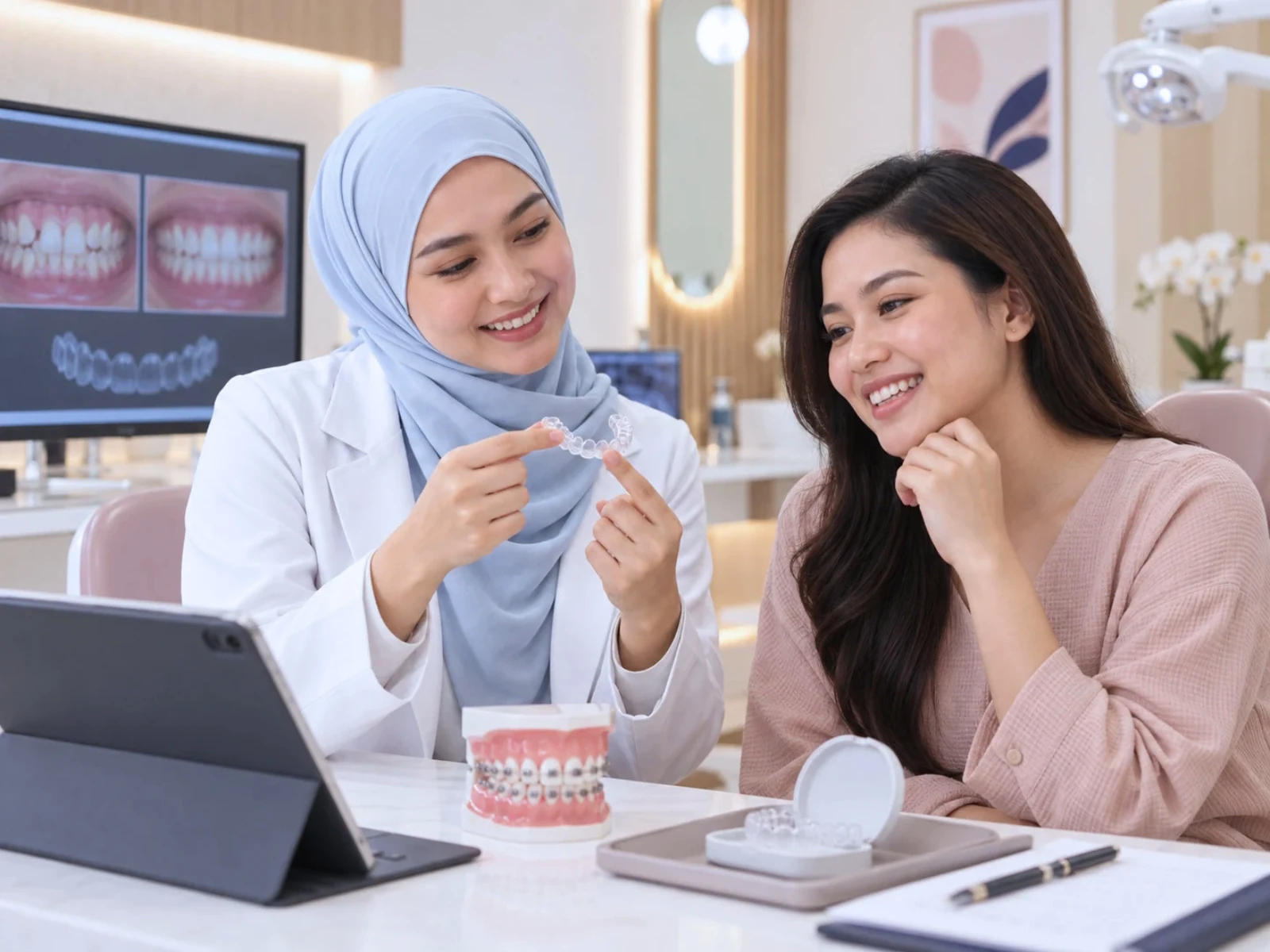 Ilustrasi demo penjajar lutsinar & pendakap gigi; bukan foto rawatan pesakit sebenar